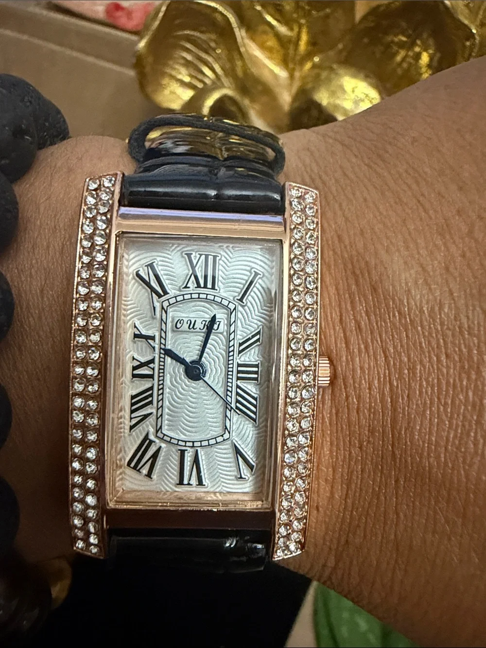 XOXO Rose Gold-Tone Crystal Rectangular Watch with Black Strap